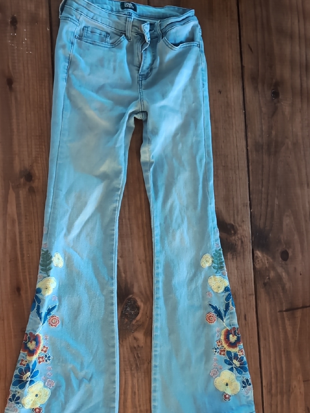 Light Blue Embroidered Flared Jeans